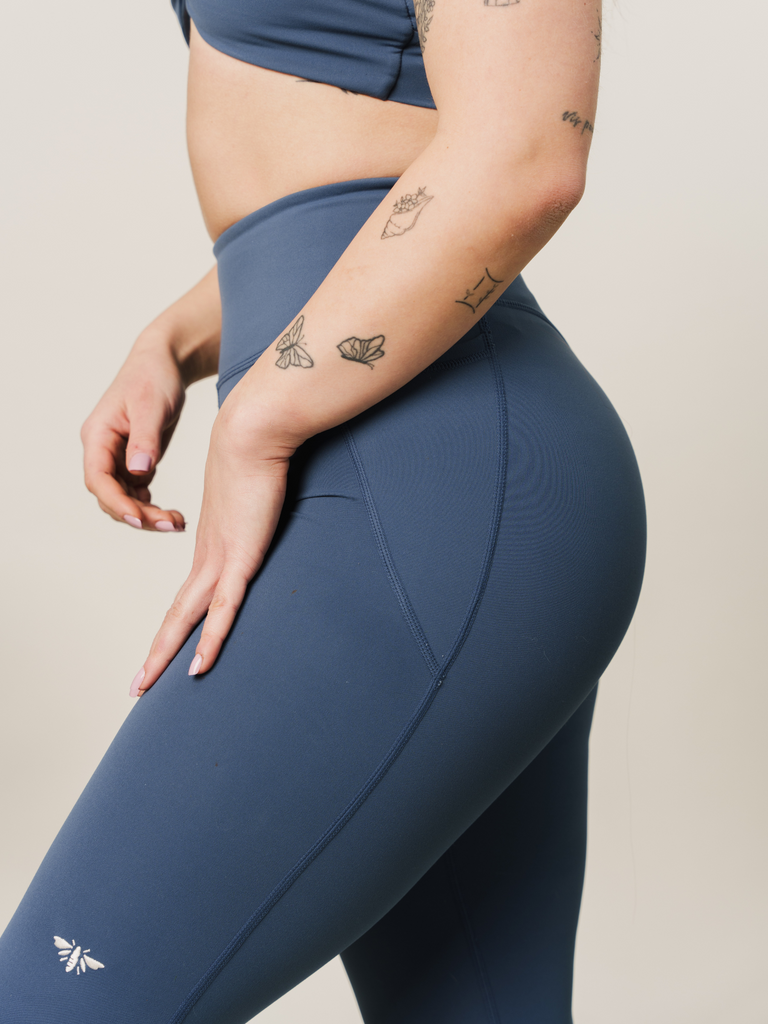 Atlantic Blue and Moss Green Sculpting Gym Leggings Sustainable Activewear gngr bees