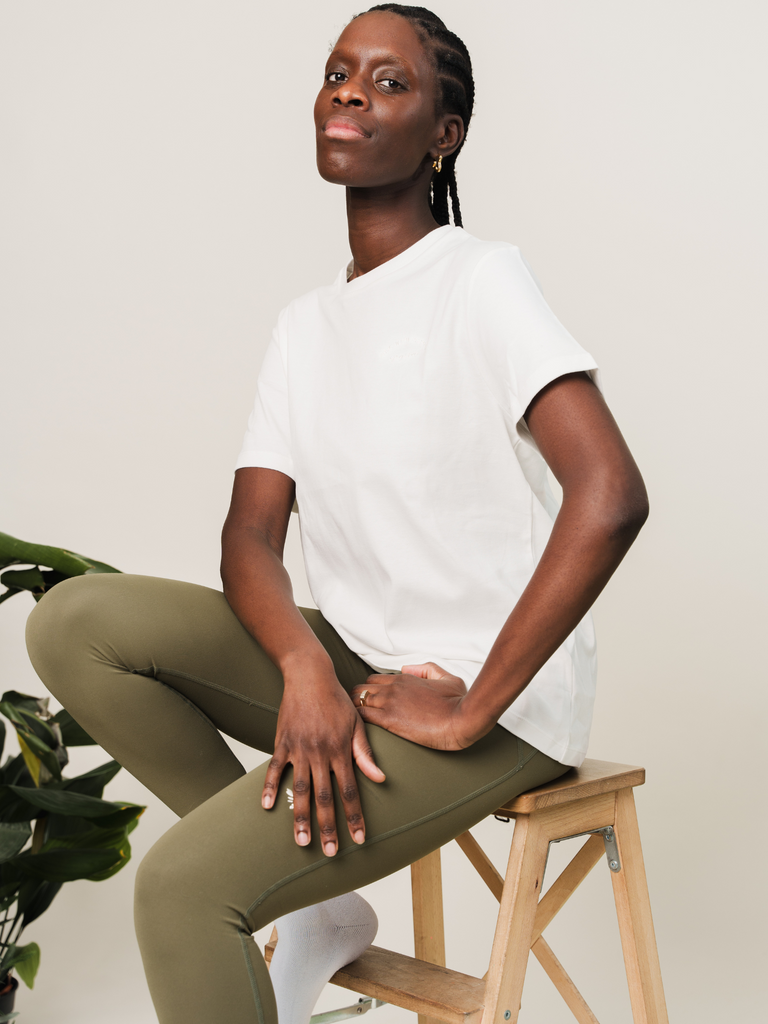 ethical sports clothing, ethical sportswear, sustainable fashion, sustainable clothing, sustainable dresses, eco friendly clothing, ethical clothing, slow fashion, sustainable women's clothing, white t-shirt, organic cotton, white top, moss green leggings, sustainable activewear